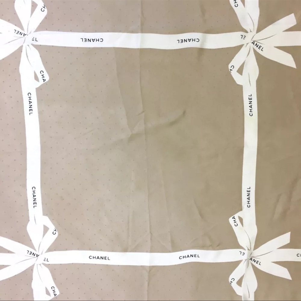❌❌SOLD❌❌AUTH CHANEL Logo Ribbon Silk Scarf Tan Beige - Picture 6 of 7